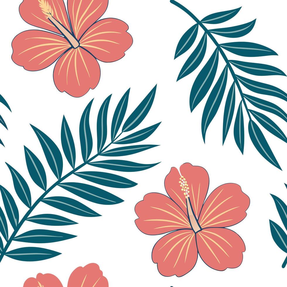 Flat Tropical summer flowers seamless pattern with exotic florals and bright warm hues for an adventurous summer vibe concept as Exotic summer flowers pattern with tropical florals Clean Pro 2 vector