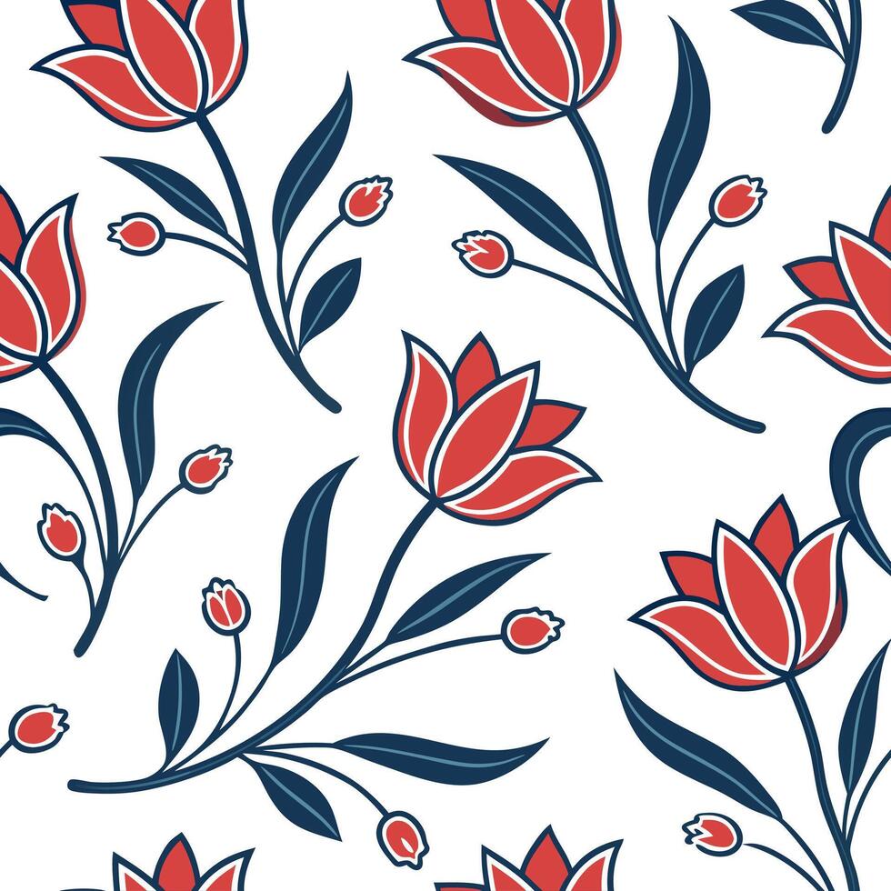 Flat Turkish Tulips and Iznik patterns seamless tile pattern with rich colors and traditional designs for cultural decor concept as Rich colored Turkish tulips and traditional Izni Clean Pro vector