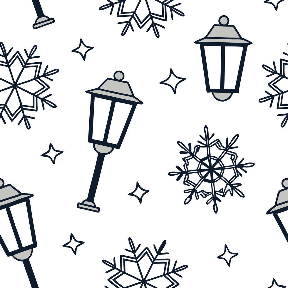 Flat Twinkling snowflake and lantern seamless tile pattern with glowing winter accents concept as Twinkling snowflakes paired with glowing lanterns create a seamless tile pattern w Clean Pro vector