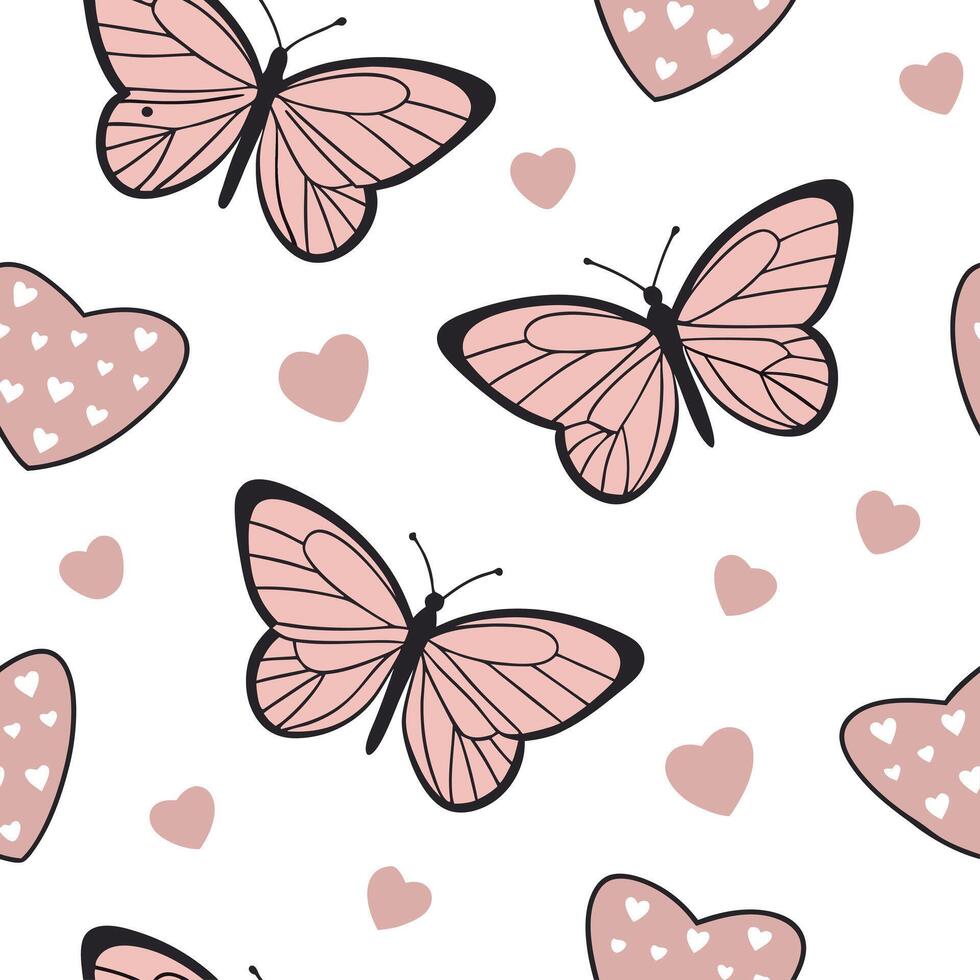 Flat Valentine hearts and butterflies seamless tile pattern with delicate wings and romantic colors for charming decor concept as Delicate butterfly wings and romantic hearts arran Clean Pro vector