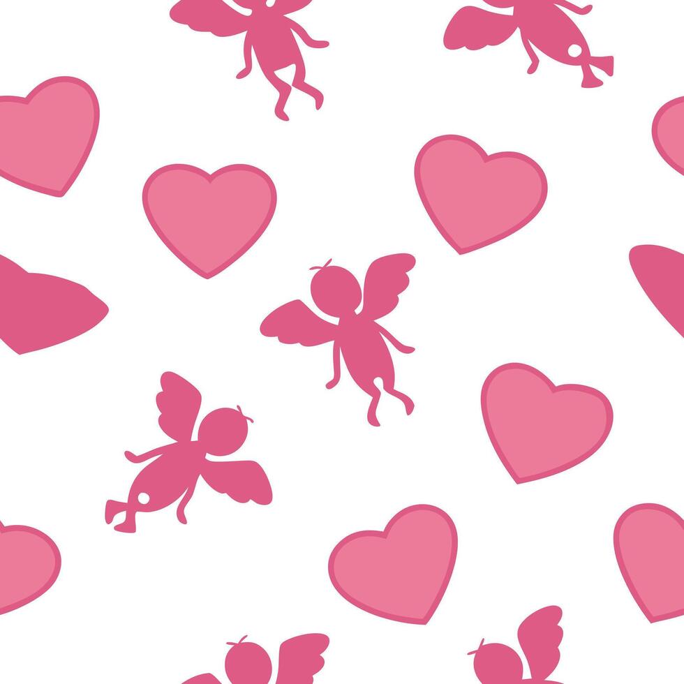 Flat Valentine hearts and cupids seamless tile pattern with playful elements and bright pink tones for cheerful decor concept as Playful hearts and cupids with bright pink tones ar Clean Pro 6 vector