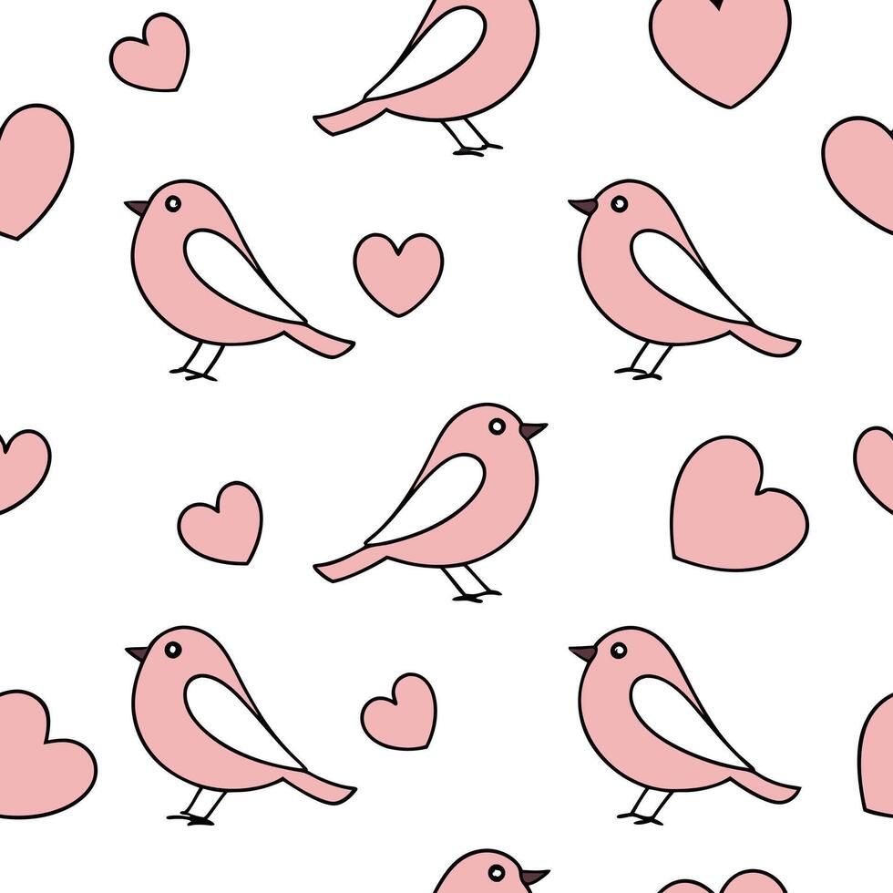 Flat Valentine hearts and lovebirds seamless tile pattern with romantic elements and soft pink tones for charming decor concept as Romantic lovebirds and soft pink hearts arranged Clean Pro 3 vector