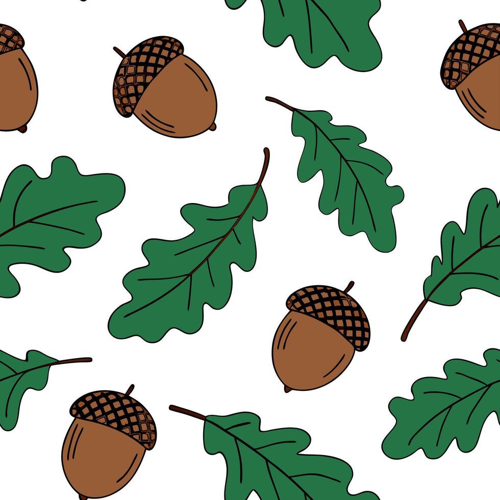 Flat Vibrant acorns and oak leaves seamless tile pattern with deep brown and green tones concept as Deep brown acorns and green oak leaves create a vibrant seamless tile pattern fo Clean Pro vector