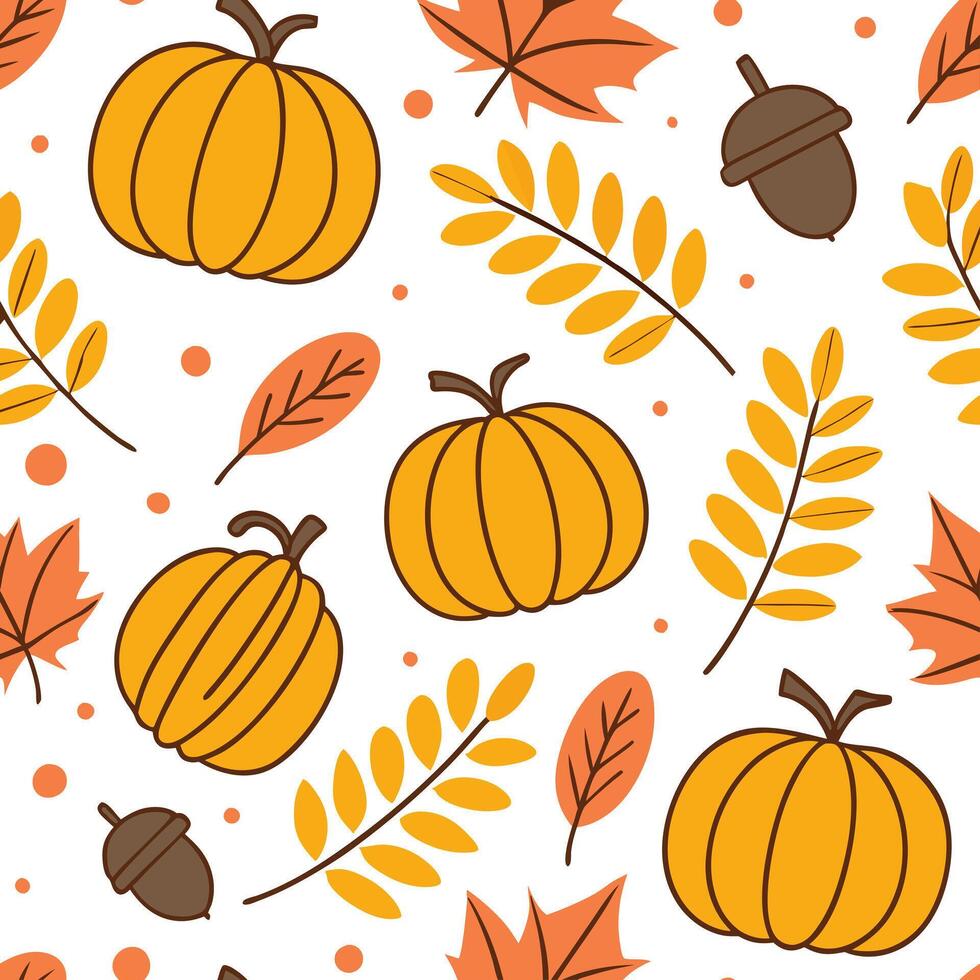Flat Vibrant autumn harvest seamless pattern with colorful pumpkins acorns and vibrant fall foliage for a festive look concept as Festive autumn harvest pattern with pumpkins acorn Clean Pro vector