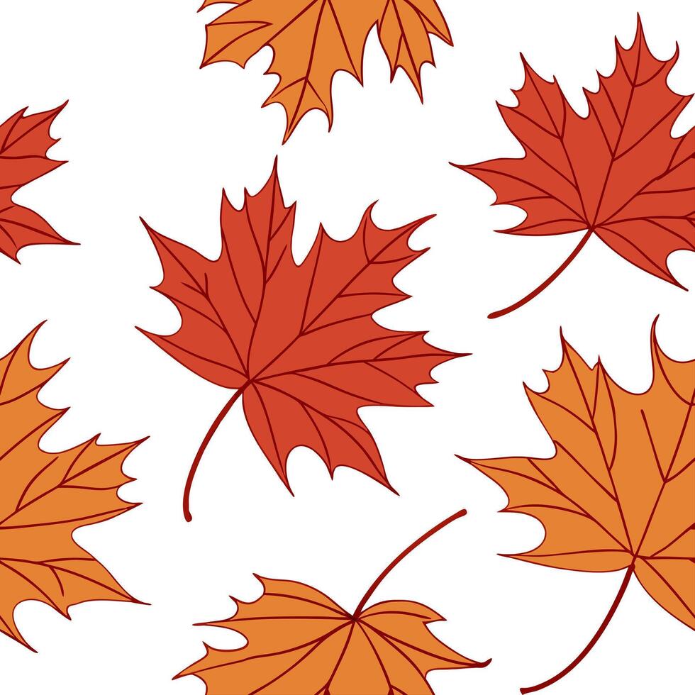 Flat Vibrant autumn maple leaves seamless tile pattern with rich red and orange hues on white background concept as Rich red and orange autumn maple leaves creating vibrant seamles Clean Pro vector