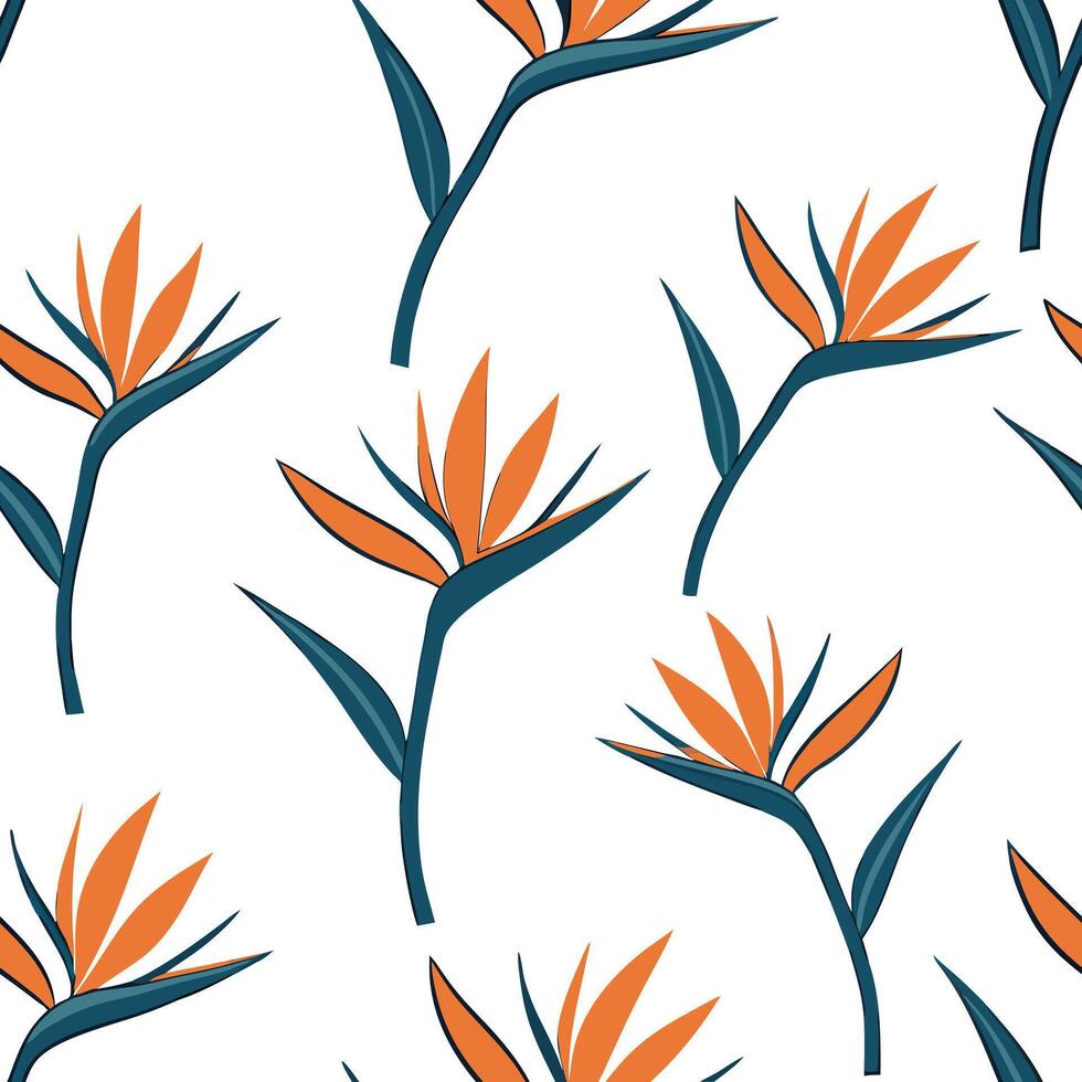 Flat Vibrant Bird of Paradise seamless tile pattern with bright orange and blue hues on white background concept as Bright orange and blue Bird of Paradise flowers creating vibrant Clean Pro vector
