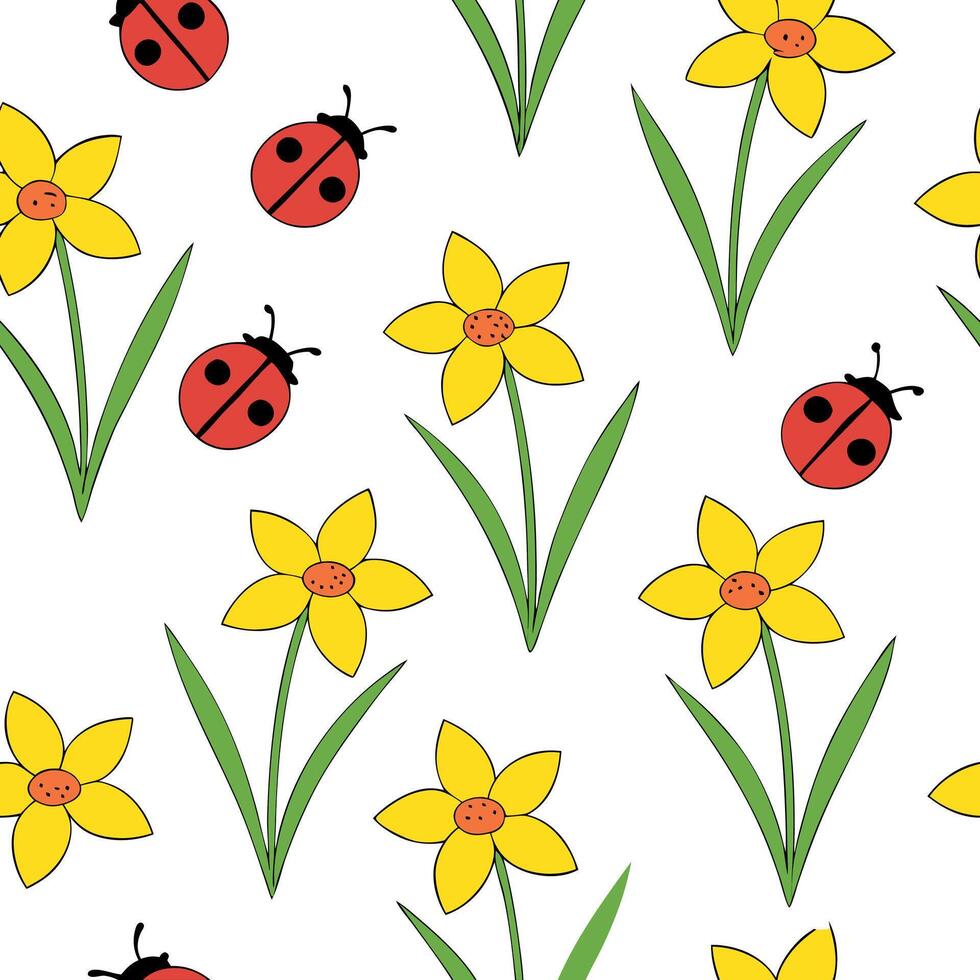 Flat Vibrant Easter daffodils and ladybugs seamless tile pattern with lively spring colors concept as Lively spring colors highlight vibrant Easter daffodils and ladybugs in seamle Clean Pro vector