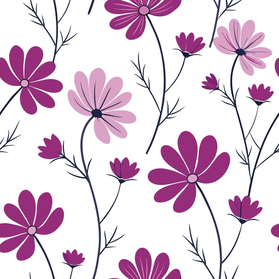 Flat Vibrant cosmos flower seamless tile pattern with rich pinks purples and delicate petals concept as Rich pinks and purples of cosmos flowers create a bright lively seamless spr Clean Pro vector