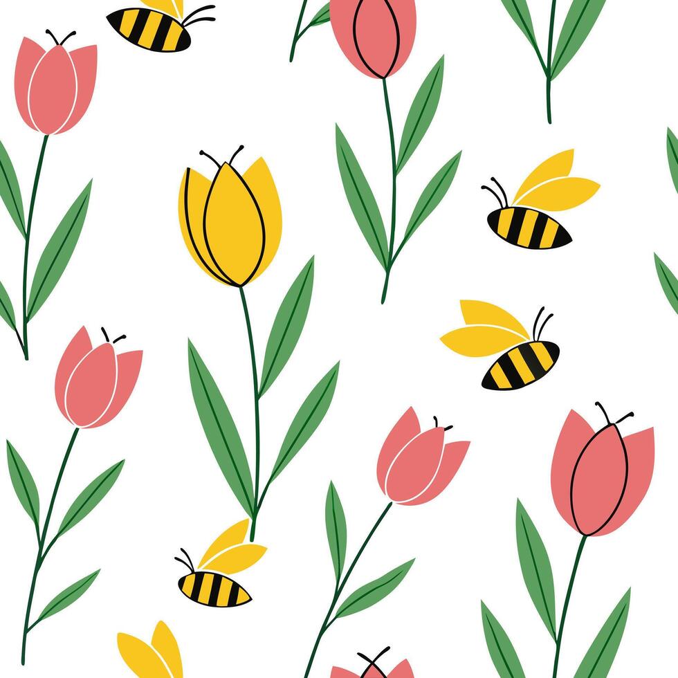 Flat Vibrant Easter tulips and bees seamless tile pattern with lively spring elements concept as Lively spring elements like vibrant Easter tulips and bees create seamless tile pat Clean Pro vector