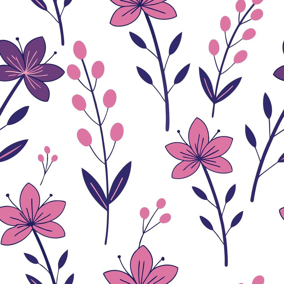 Flat Vibrant heather seamless tile pattern with rich purple and pink hues on white background concept as Rich purple and pink heather flowers creating vibrant seamless tile pattern Clean Pro vector