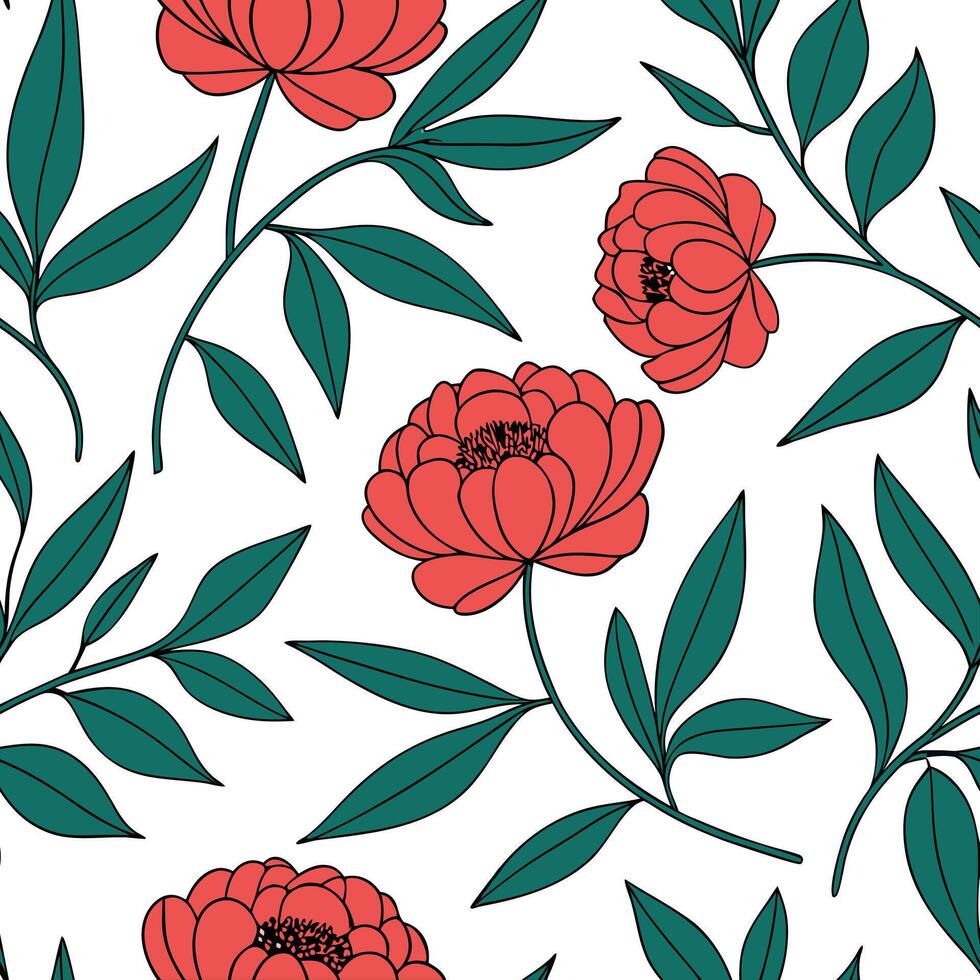 Flat Vibrant red peony seamless pattern with overlapping flowers and lush green leaves on white backdrop concept as Overlapping vibrant red peonies with lush green leaves forming a Clean Pro vector