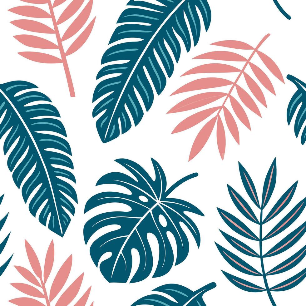 Flat Vibrant summer leaves seamless pattern with banana leaves and tropical greenery for bold summer vibes concept as Bold banana leaves and tropical greenery arranged in a seamles Clean Pro vector