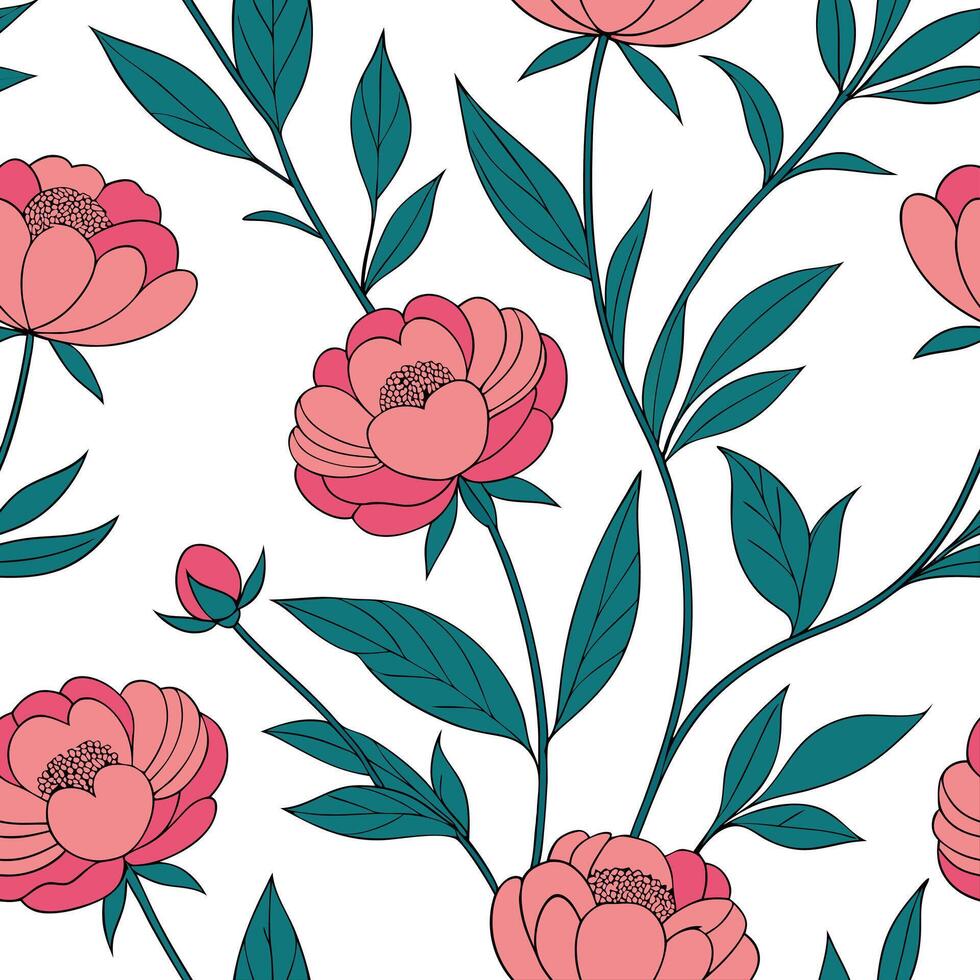 Flat Vibrant peony seamless tile pattern with full blooms in bright pink and subtle soft hues concept as Bright pink peonies with full blooms and soft hues create a seamless spring Clean Pro vector