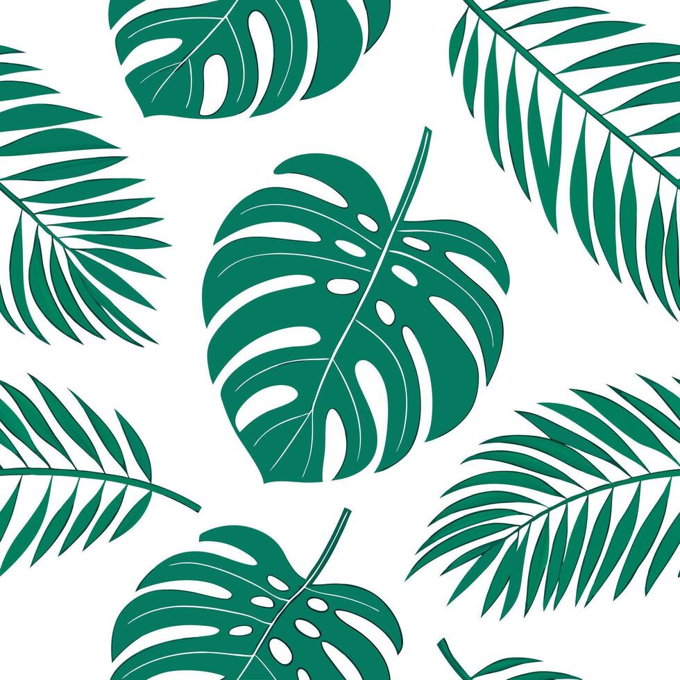 Flat Vibrant tropical leaves seamless tile pattern featuring large monstera and palm leaves on a crisp white background ideal for lively interiors concept as Large monstera and pal Clean Pro vector