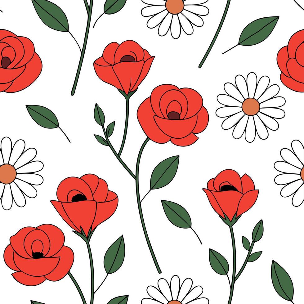 Flat Vibrant wildflowers seamless tile pattern featuring a mix of roses daisies and poppies on a crisp white background perfect for cheerful interiors concept as A mix of roses dai Clean Pro vector