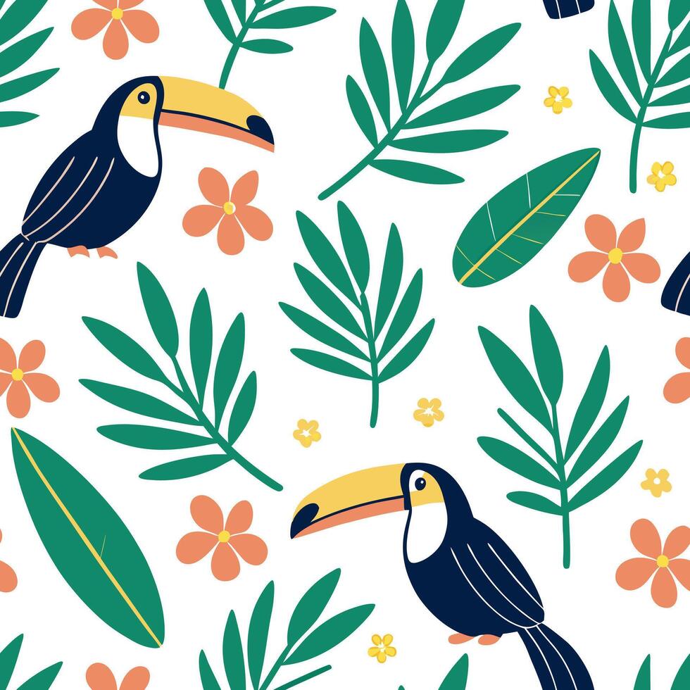 Flat Vibrant summer seamless tile pattern with tropical birds and exotic flowers for lush garden spaces concept as Tropical birds and exotic flowers in a seamless pattern for creat Clean Pro vector