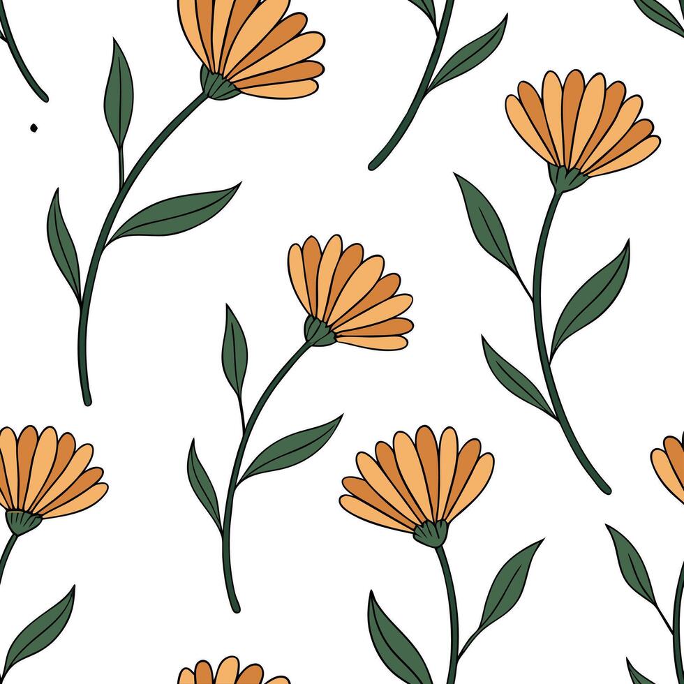 Flat Vintage calendula blooms seamless tile pattern elegant isolated white background ideal for classic home textiles wallpapers concept as Seamless tile pattern featuring vintage Clean Pro vector