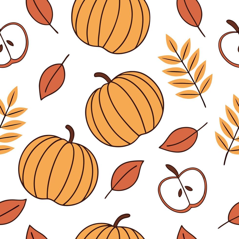 Flat Warm autumn harvest seamless tile pattern with pumpkins cornstalks and colorful leaves concept as Pumpkins cornstalks and colorful leaves in warm tones create a warm autumn ha Clean Pro vector