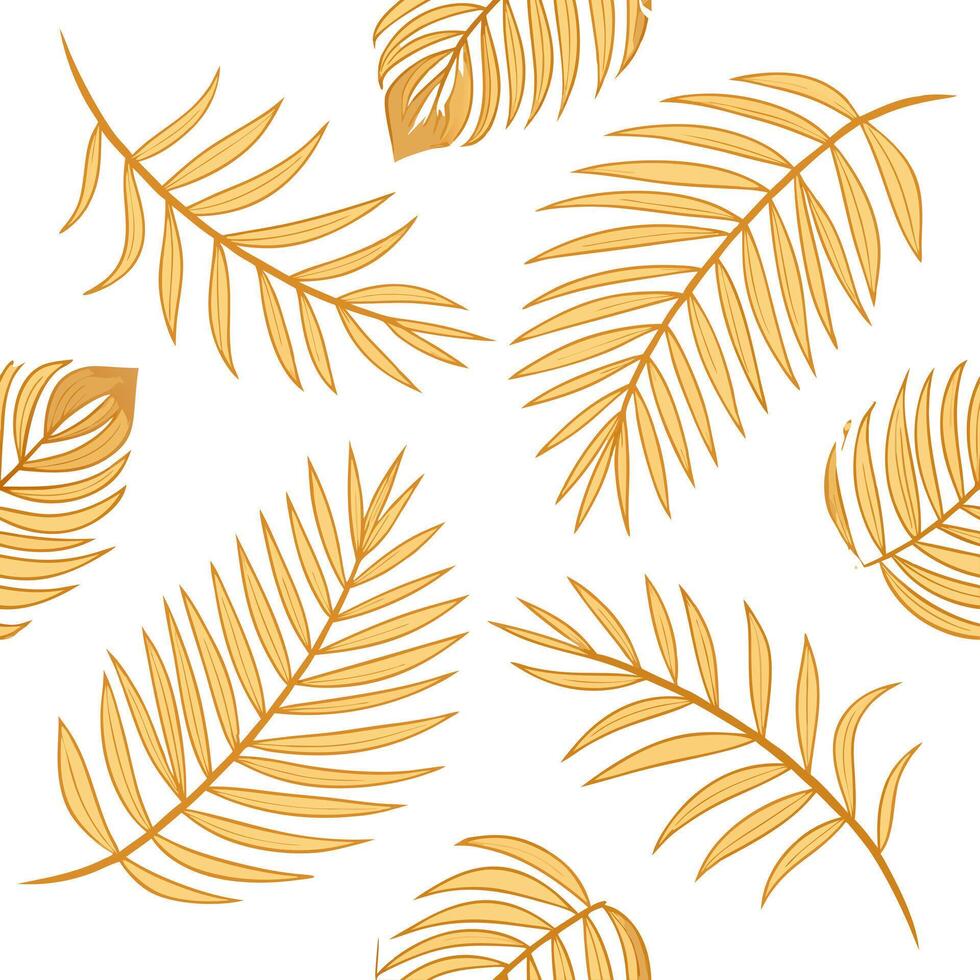 Flat Warm summer leaves seamless tile pattern with sunlit palm fronds and golden tones for a bright sunny atmosphere concept as Sunlit palm fronds and golden tones arranged seamles Clean Pro vector