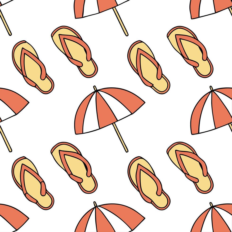Flat Warm summer seamless tile pattern with beach umbrellas and sandals for sunny vacation spots concept as Beach umbrellas and sandals in a seamless tile pattern designed for sunn Clean Pro vector