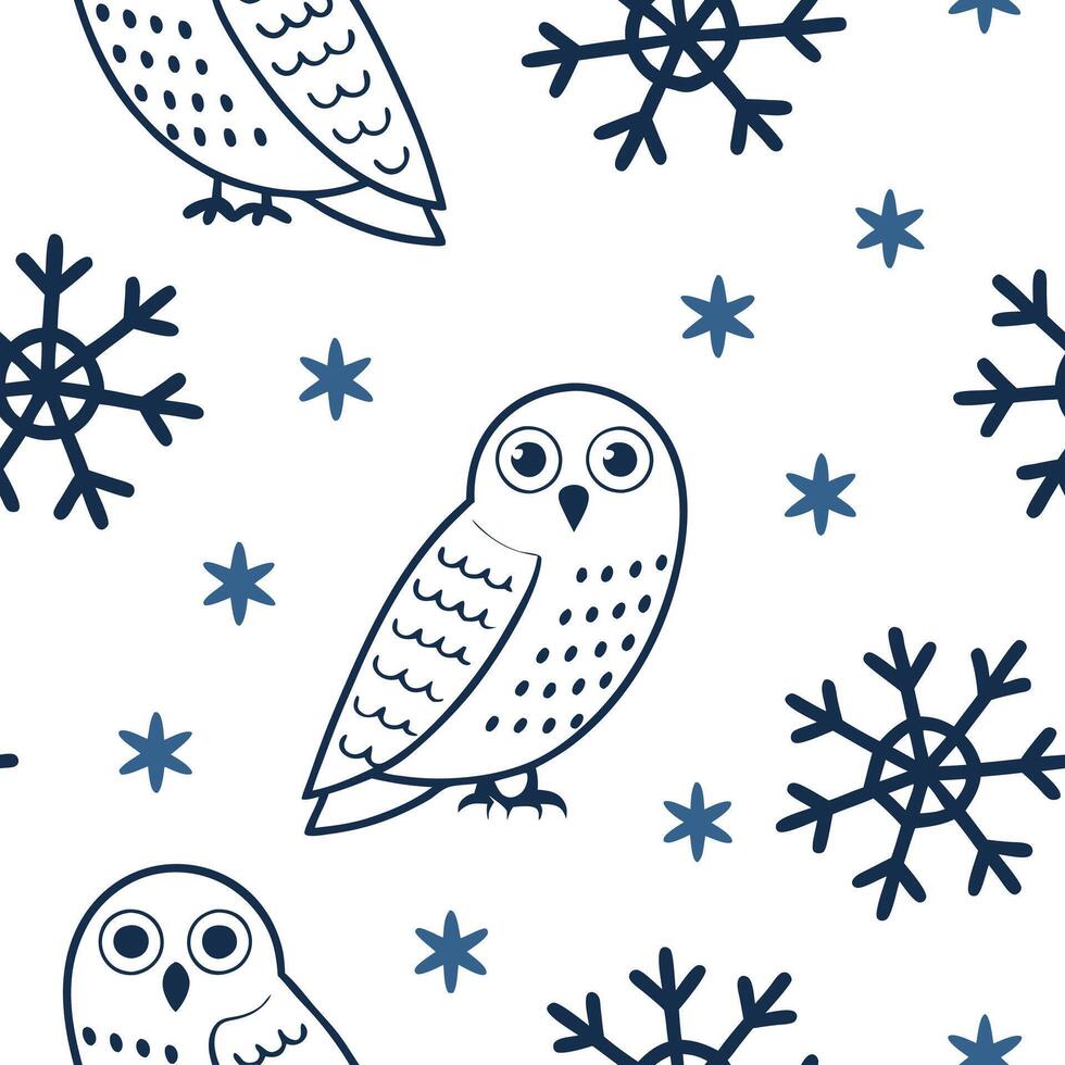 Flat Winter snowflakes and snowy owls seamless tile pattern with mystical winter elements concept as Mystical snowy owls paired with winter snowflakes create a seamless tile patter Clean Pro vector