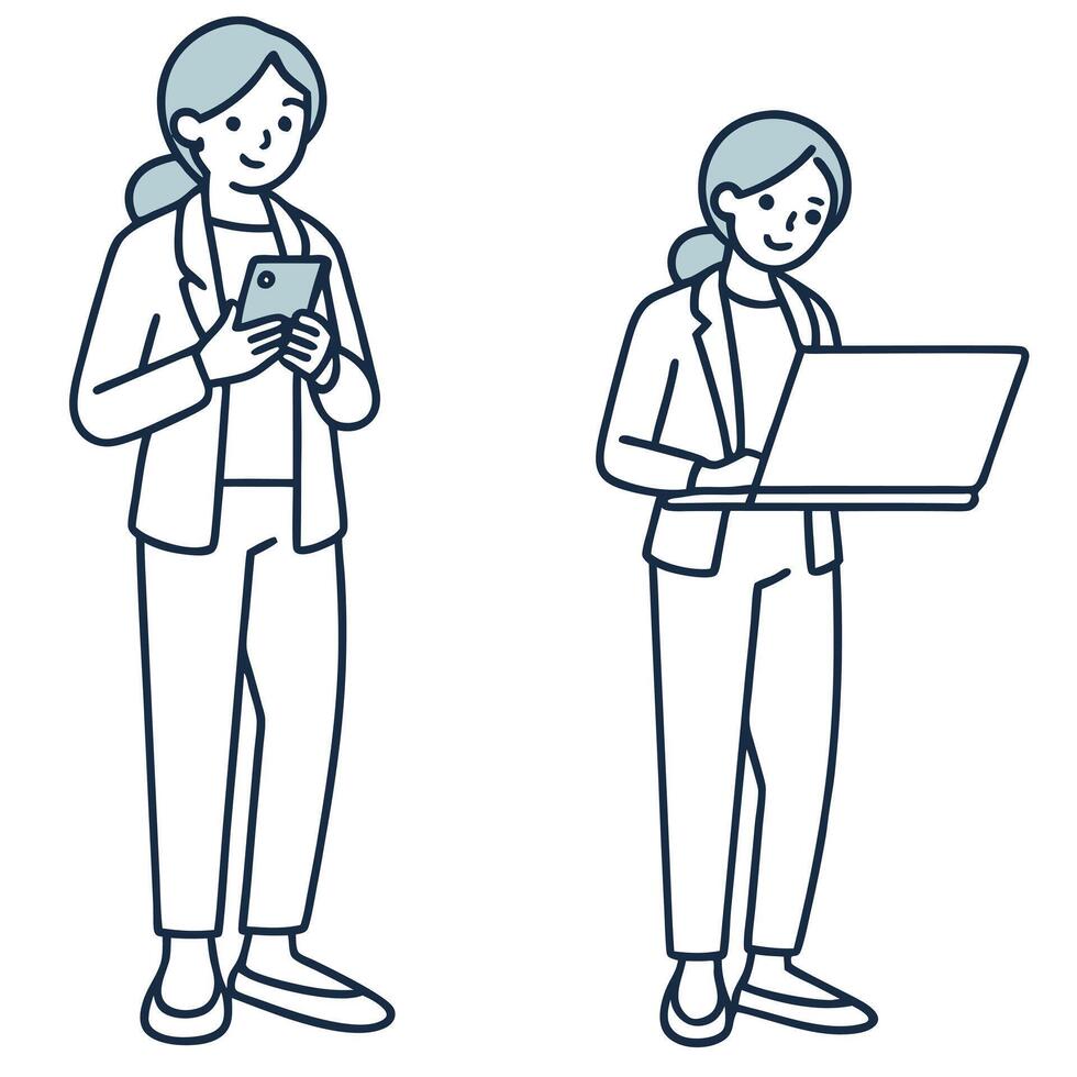 Flat Woman reads online news on smartphone and laptop emphasizing accessibility information sharing and staying updated through digital platforms concept as Highlights the conveni Clean Pro vector