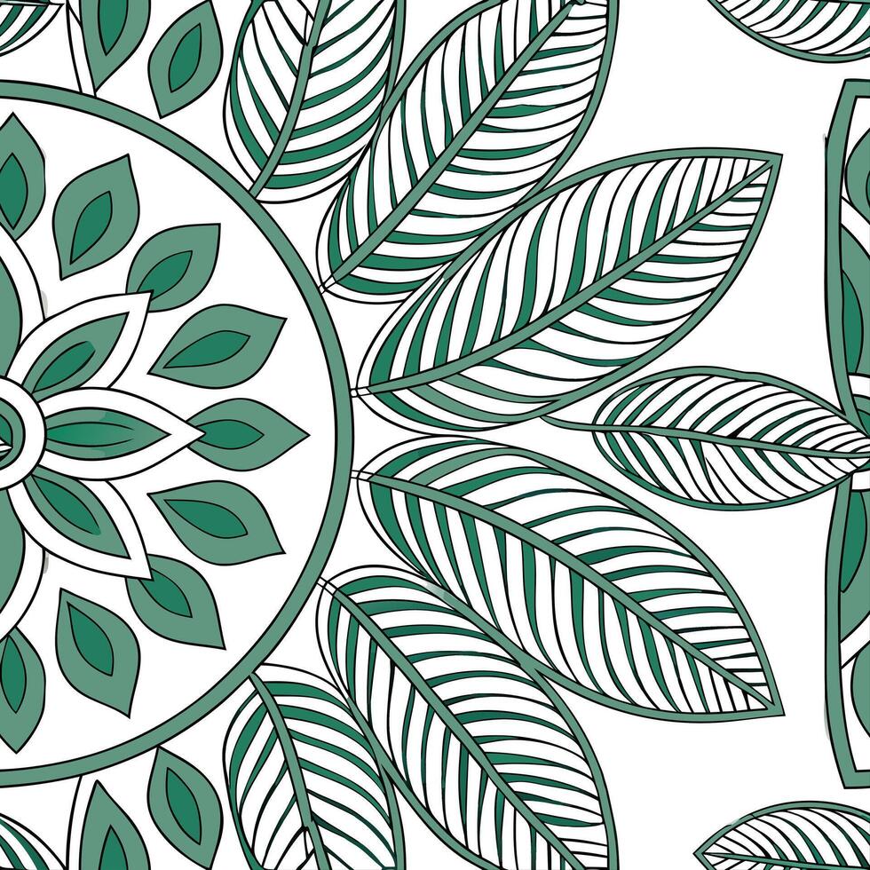 Floral mandala tropical leaves seamless tile pattern with symmetrical monstera and palm designs and vibrant greens for spiritual and decorative settings concept as Symmetrical mons Clean Pro vector