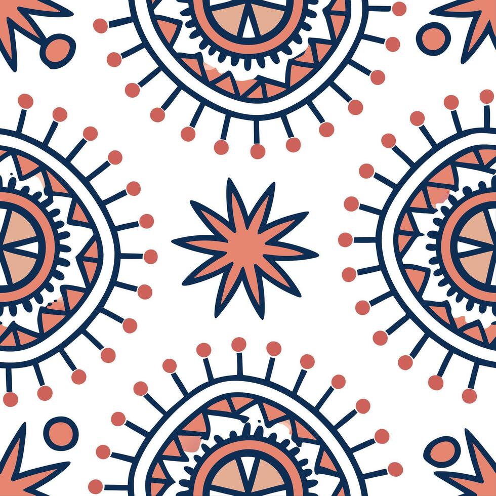 Folk art seamless pattern with tribal symbols and geometric shapes for a dynamic energetic cultural aesthetic concept as Dynamic folk art pattern with tribal symbols and geometric Clean Pro vector