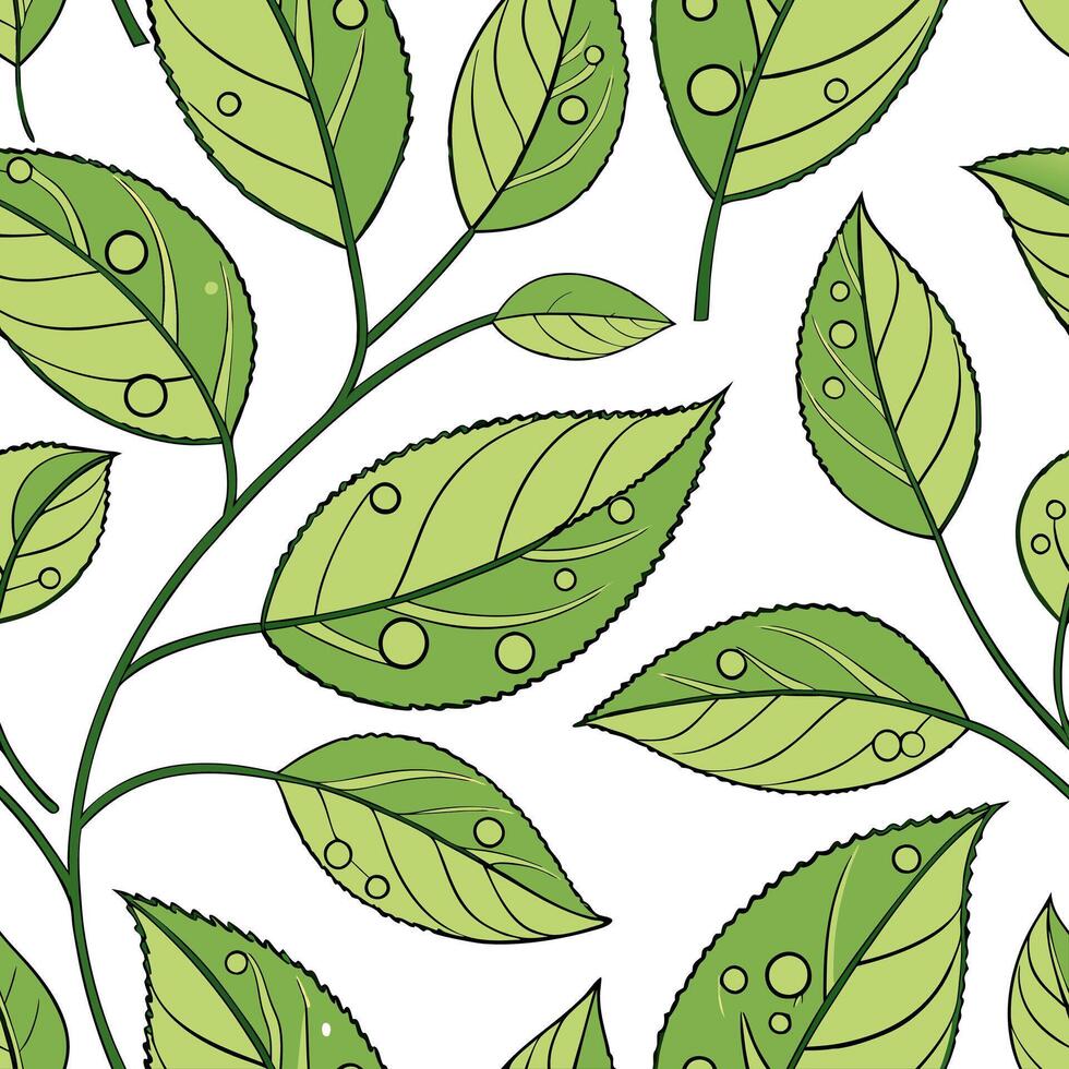 Fresh spring nature seamless pattern with crisp green leaves and dewdrops for a revitalizing spring aesthetic concept as Dew kissed leaves pattern with vibrant green hues and dewdr Clean Pro vector