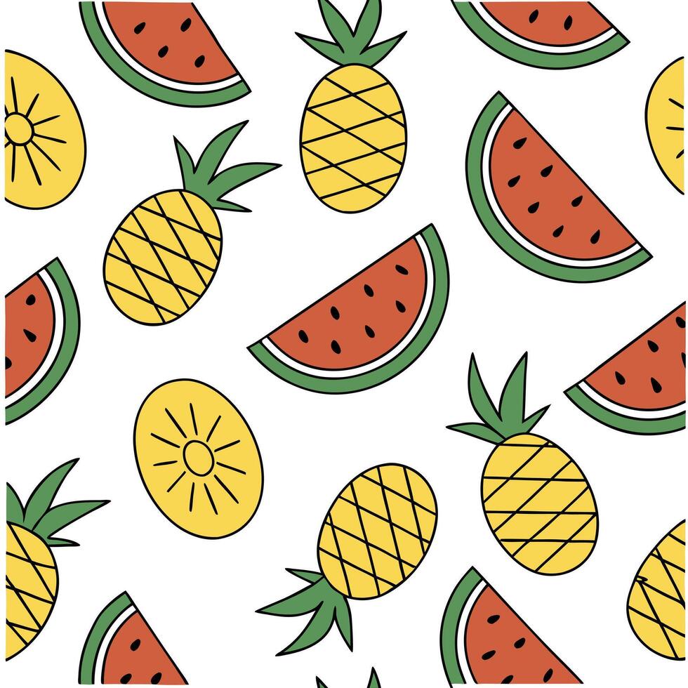 Fresh summer seamless tile pattern with watermelon and tropical fruits for vibrant outdoor dining concept as Watermelon and tropical fruits arranged in a seamless tile pattern for Clean Pro vector