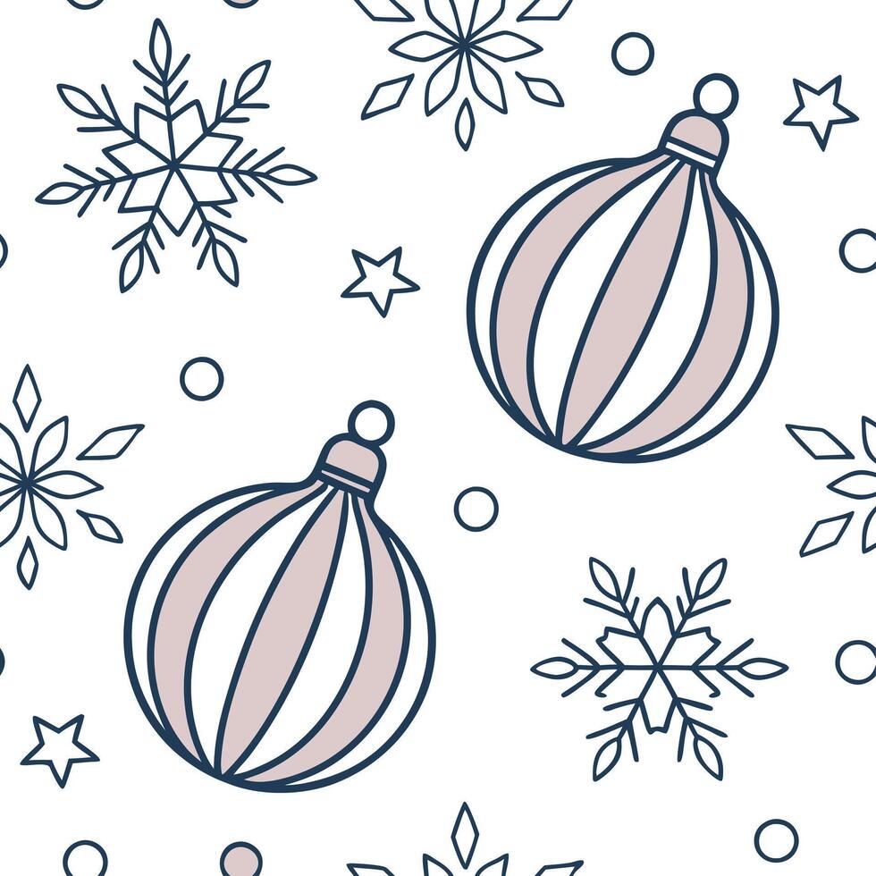 Frosty snowflake and Christmas ornament seamless tile pattern with shimmering accents concept as Shimmering Christmas ornaments paired with frosty snowflakes create a seamless tile Clean Pro vector