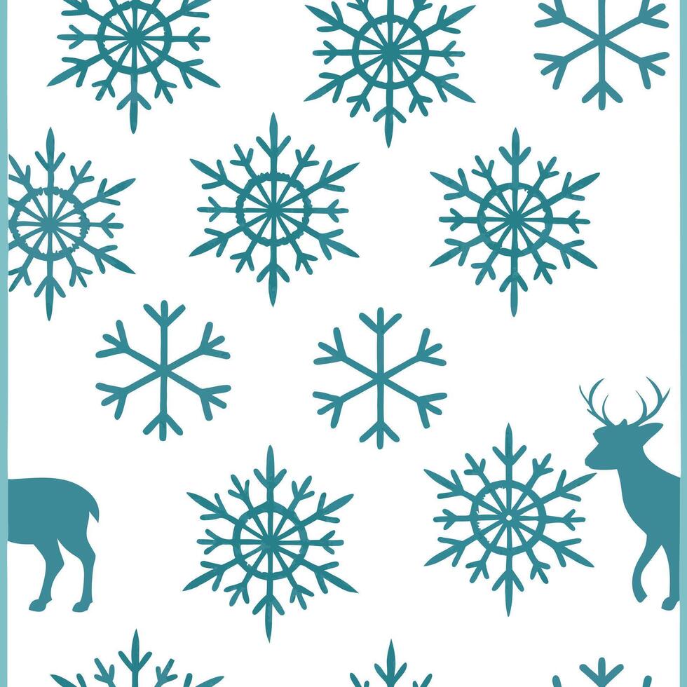 Frosty snowflake and deer silhouette seamless tile pattern with winter forest theme concept as Snowflakes paired with deer silhouettes create a frosty seamless tile pattern with a Clean Pro vector