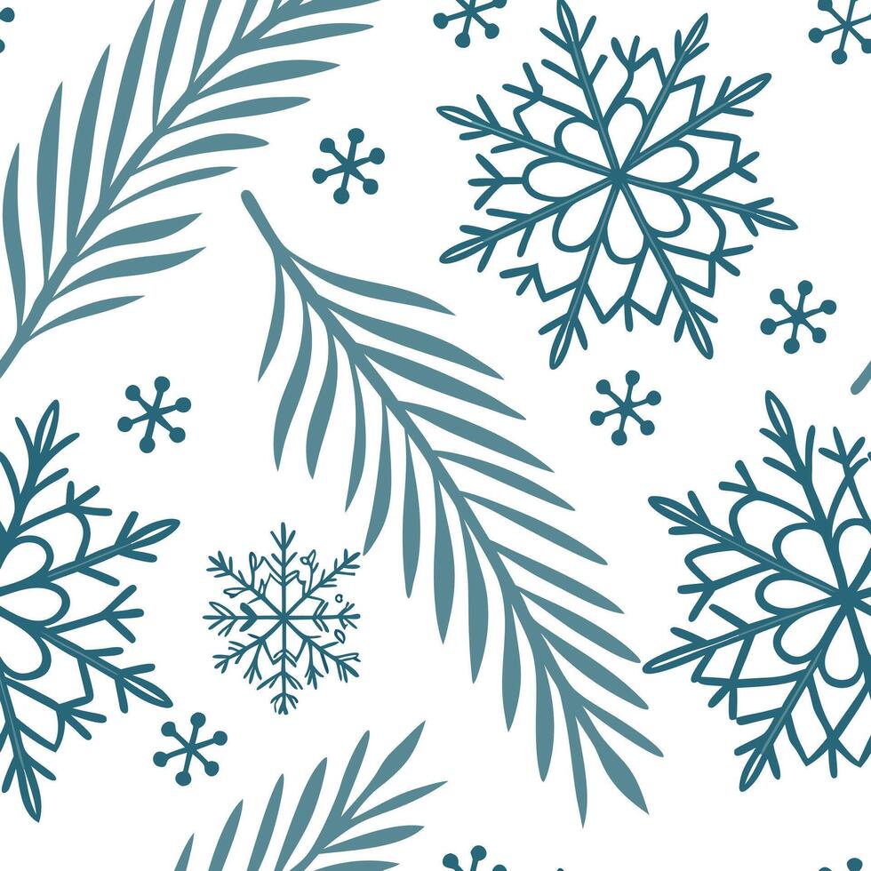 Frosty snowflake and evergreen seamless tile pattern with cool winter hues concept as Cool winter hues highlight frosty snowflakes and evergreen branches in a seamless tile pattern Clean Pro vector
