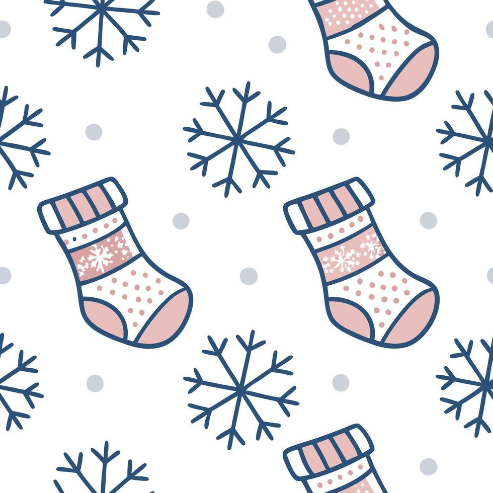 Frosty snowflake and holiday stocking seamless tile pattern with cozy winter elements concept as Cozy holiday stockings paired with frosty snowflakes create a seamless tile pattern Clean Pro vector