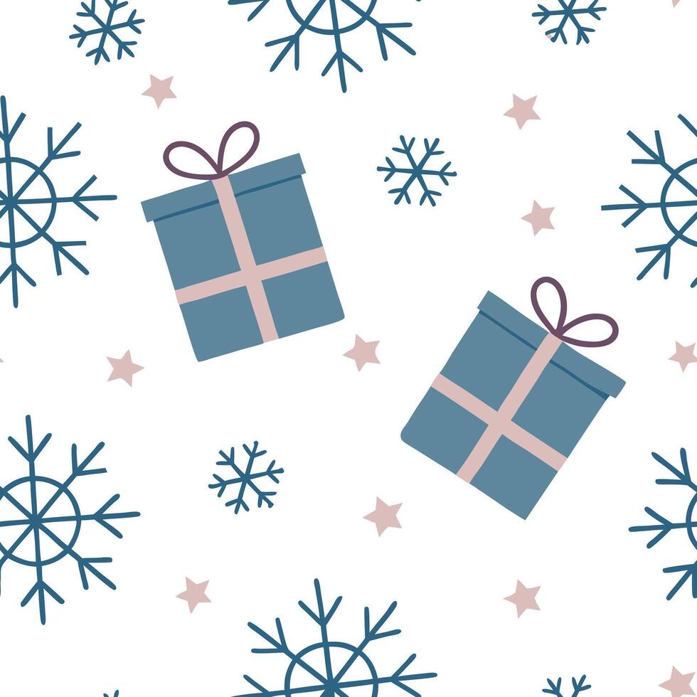Frosty snowflake and holiday present seamless tile pattern with colorful gift elements concept as Colorful holiday presents paired with frosty snowflakes create a seamless tile pat Clean Pro vector