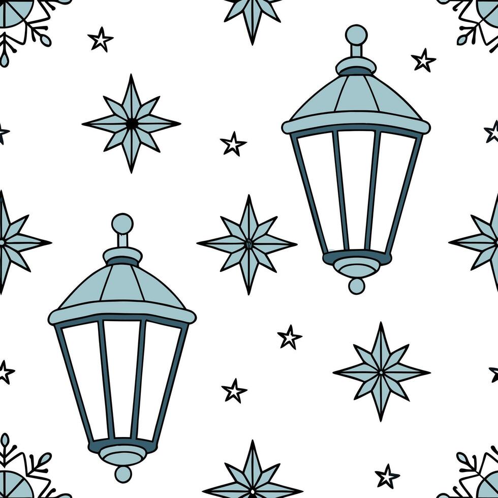 Frosty snowflake and ice lantern seamless tile pattern with shimmering winter accents concept as Shimmering ice lanterns paired with snowflakes create a frosty seamless tile patter Clean Pro vector
