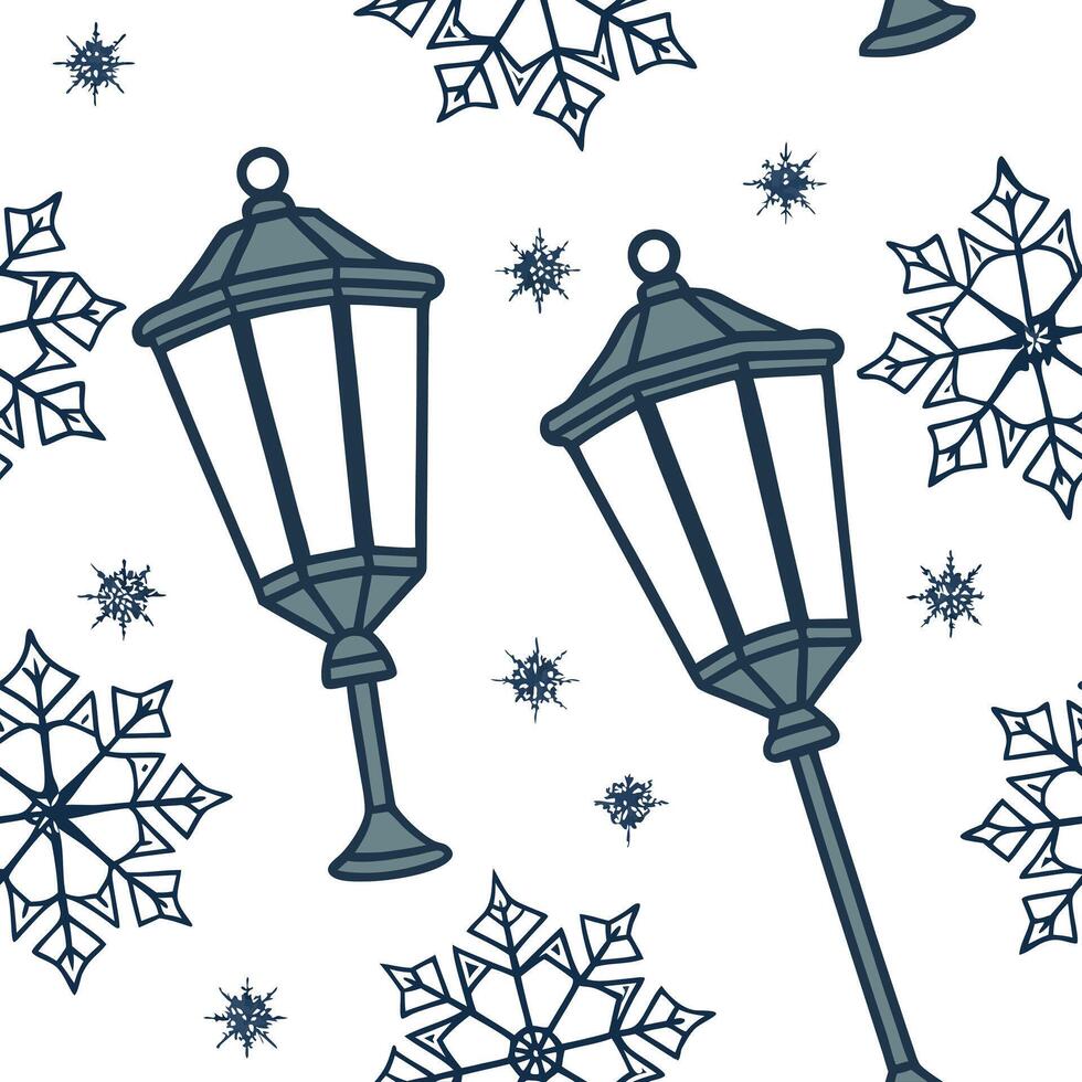 Frosty snowflake and lantern seamless tile pattern with glowing winter elements concept as Glowing winter lanterns paired with frosty snowflakes create a seamless tile pattern with Clean Pro vector
