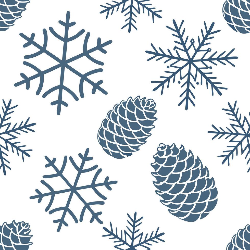 Frosty snowflake and pinecone seamless tile pattern with cool blue and white hues concept as Cool blue and white hues highlight frosty snowflakes and pinecones in a seamless tile p Clean Pro vector