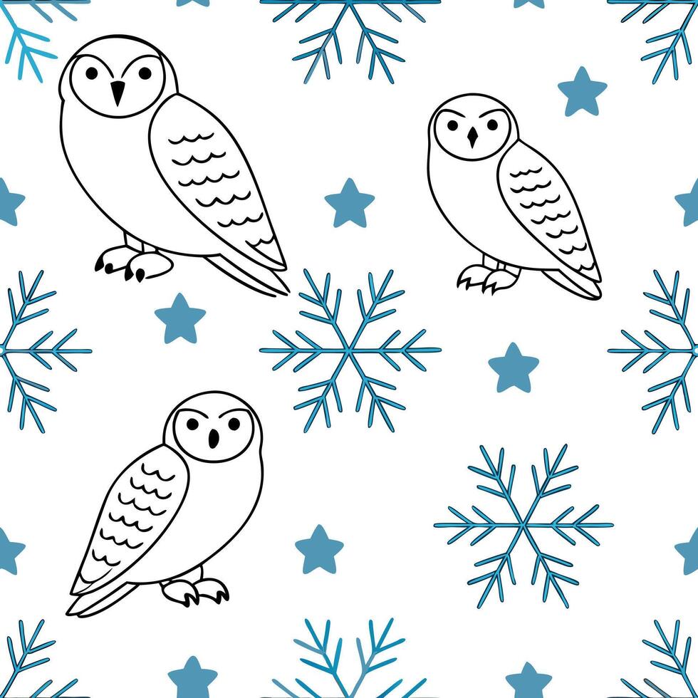 Frosty snowflake and snowy owl seamless tile pattern with winter wildlife elements concept as Snowflakes paired with snowy owls create a seamless tile pattern with winter wildlife Clean Pro vector