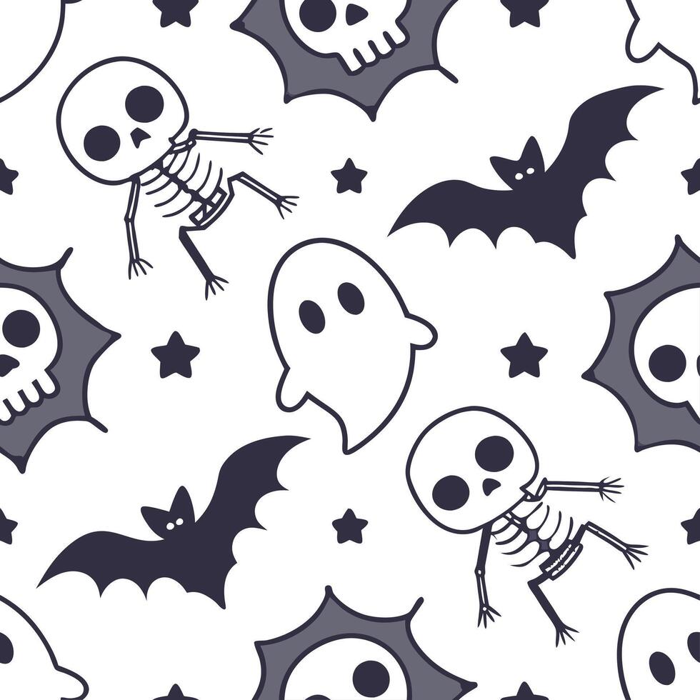 Ghosts and skeletons seamless tile pattern with spooky elements and dark hues for eerie Halloween decor concept as Spooky ghosts and skeletons arranged seamlessly with dark hues fo Clean Pro vector