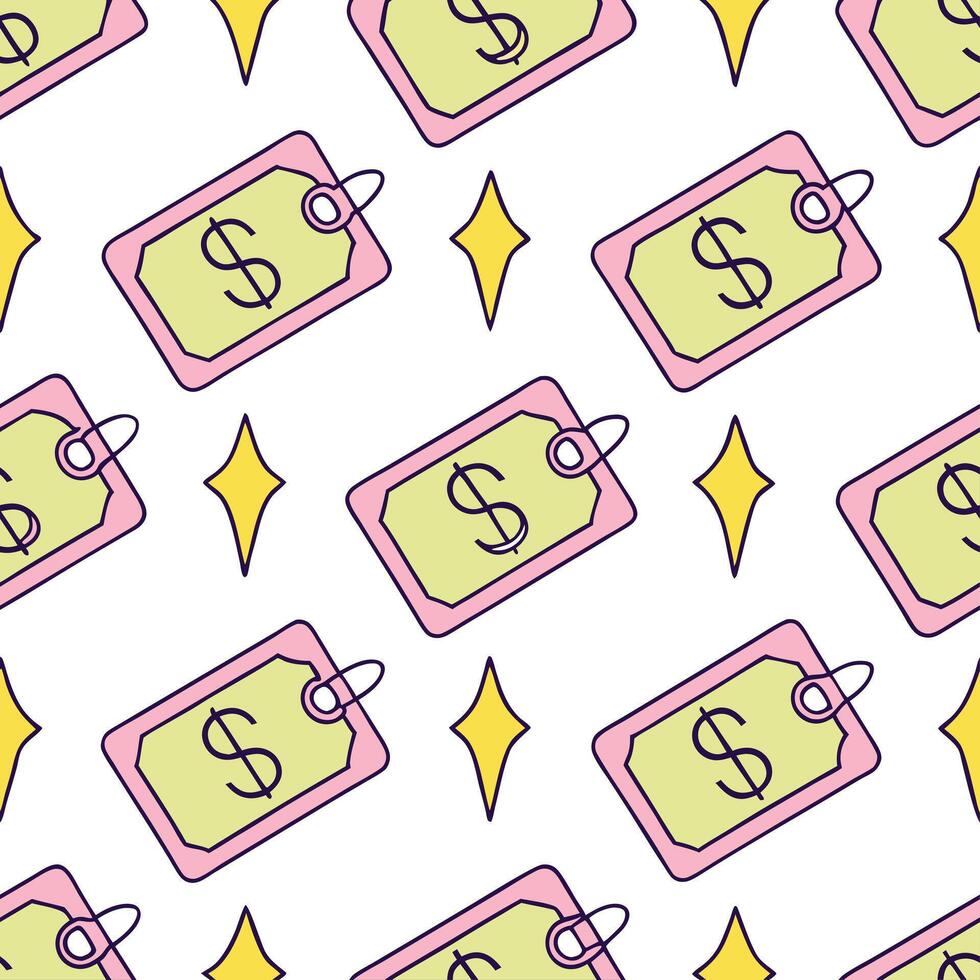 Glossy tiles with neon currency symbols and discount tags concept as A vibrant seamless tile pattern featuring neon lit currency symbols and glowing discount tags on a glossy surfa Clean Pro 2 vector
