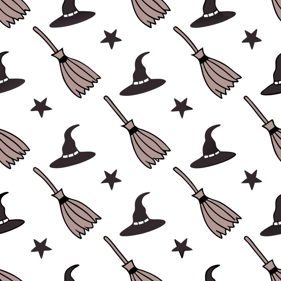 Halloween witches and broomsticks seamless tile pattern with mystical elements and dark colors for magical decor concept as Mystical witches and broomsticks arranged seamlessly wit Clean Pro vector