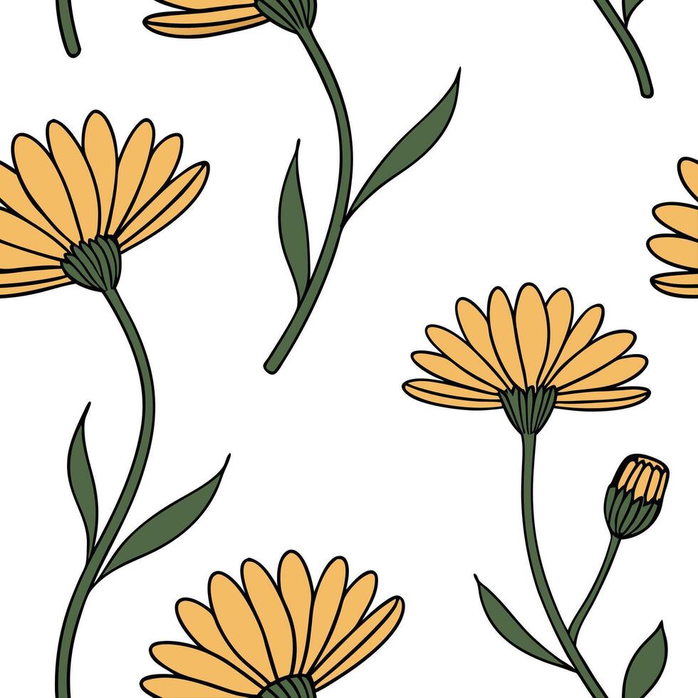 Hand drawn calendula petals seamless tile pattern whimsical isolated white background ideal for playful designs kids apparel stationery crafts concept as Whimsical hand drawn calen Clean Pro vector