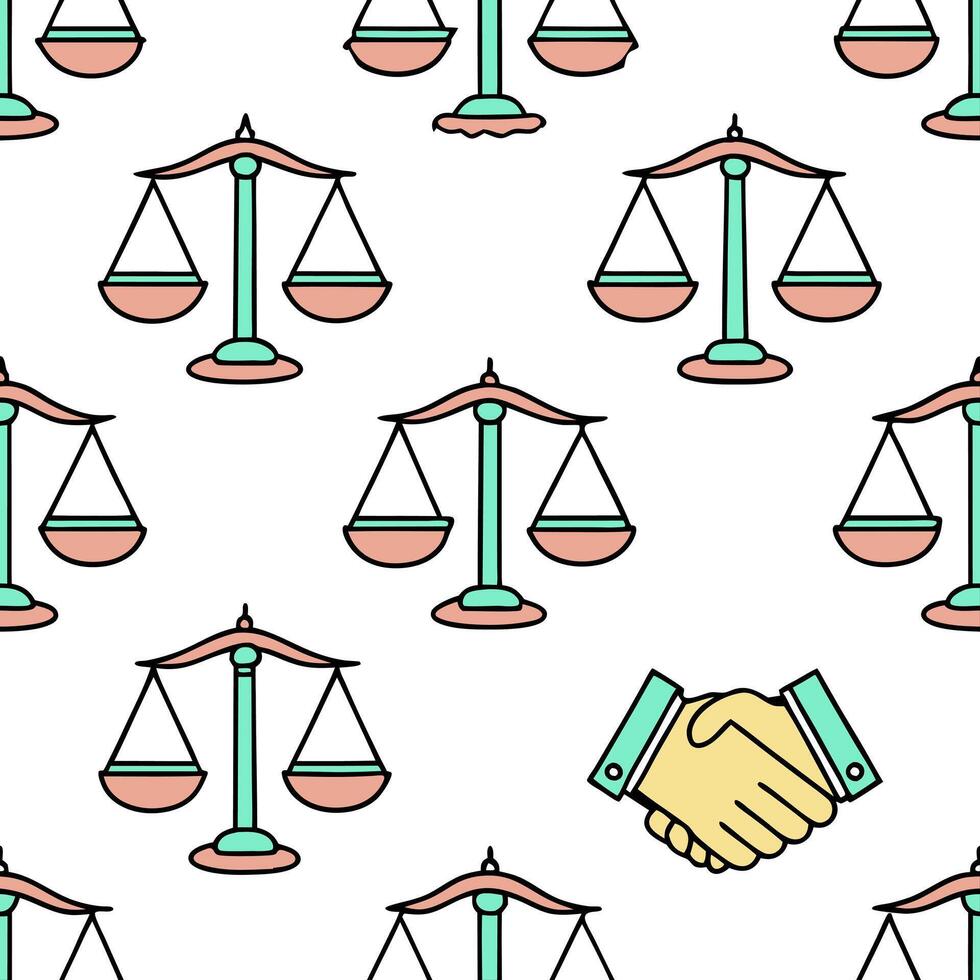 Handshake and scales floating above white background symbolizing balanced negotiation concept as A image featuring a glowing handshake paired with balanced scales symbolizin Clean Pro vector