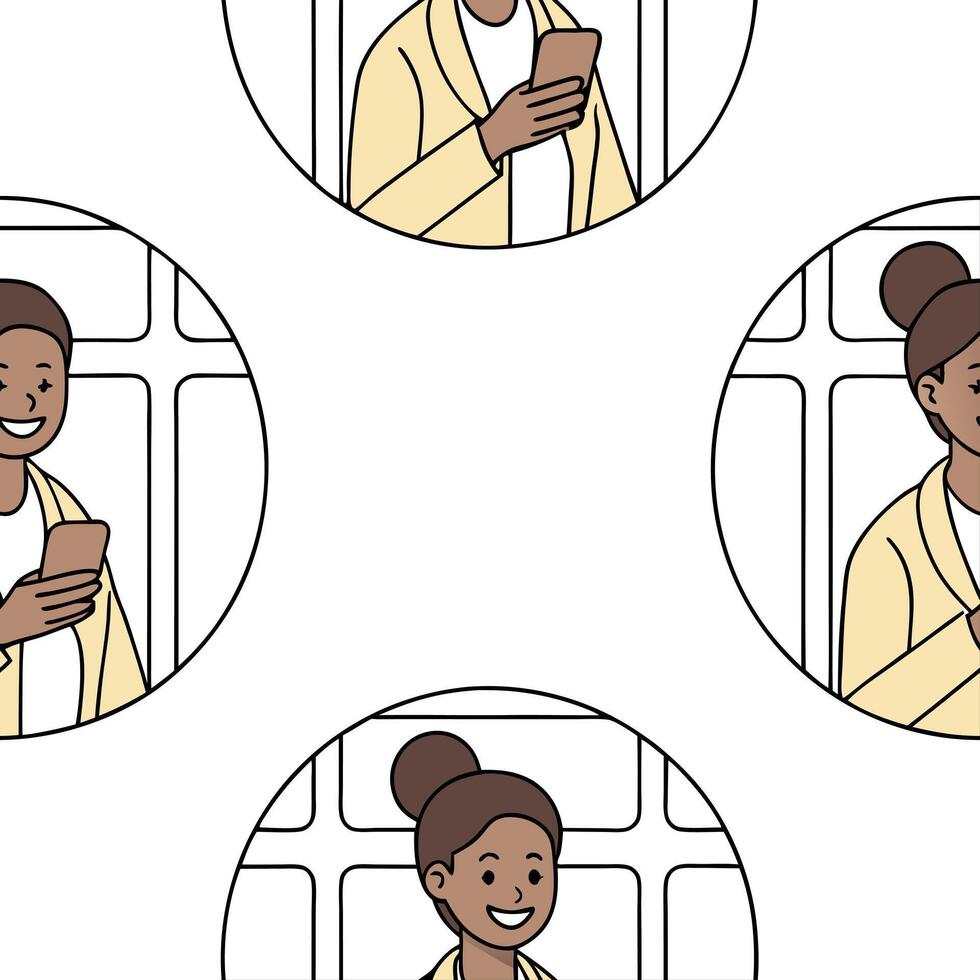 Happy young African American woman using smartphone in subway symbolizes connectivity convenience and modern lifestyle concept as Highlights the seamless integration of technology Clean Pro vector