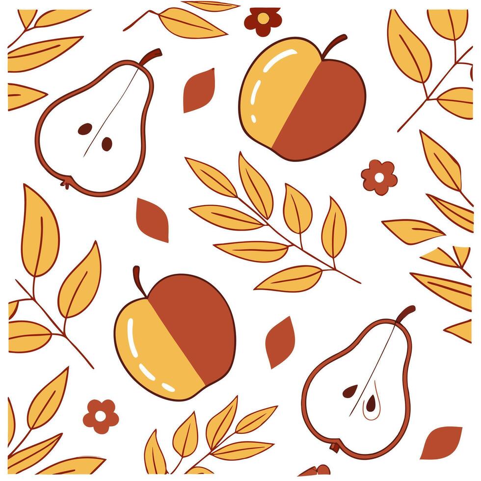 Harvest apple and pear seamless tile pattern with autumn foliage and warm tones concept as Apples and pears with autumn foliage in warm tones create a harvest apple and pear seamle Clean Pro vector