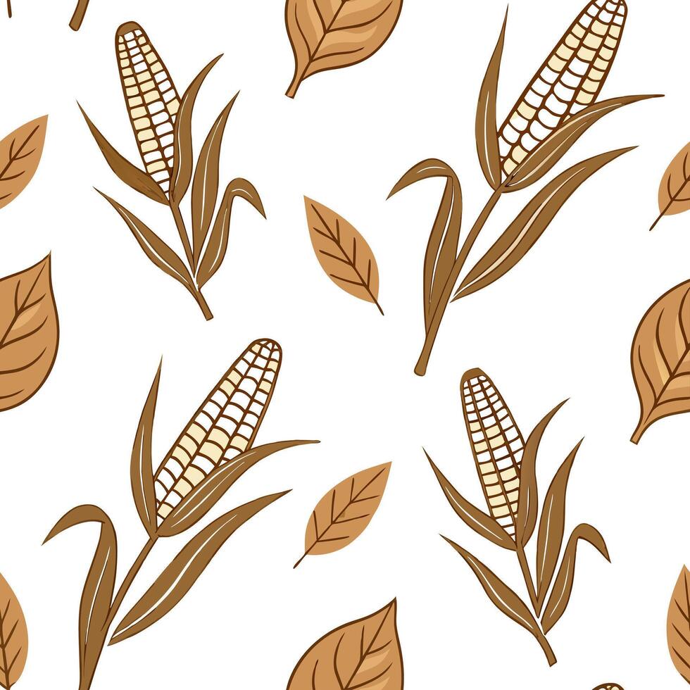 Harvest inspired corn stalks and leaves seamless tile pattern with warm earthy tones concept as Corn stalks and autumn leaves in warm earthy tones create a harvest inspired seamles Clean Pro vector