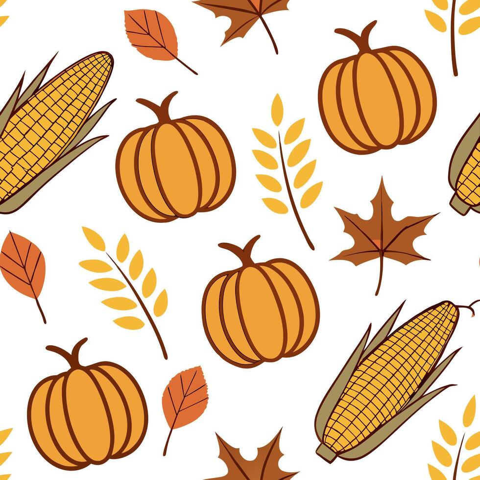 Harvest themed seamless tile pattern with corn cobs pumpkins and fall leaves in warm tones concept as Corn cobs pumpkins and fall leaves in warm tones create a harvest themed seaml Clean Pro vector