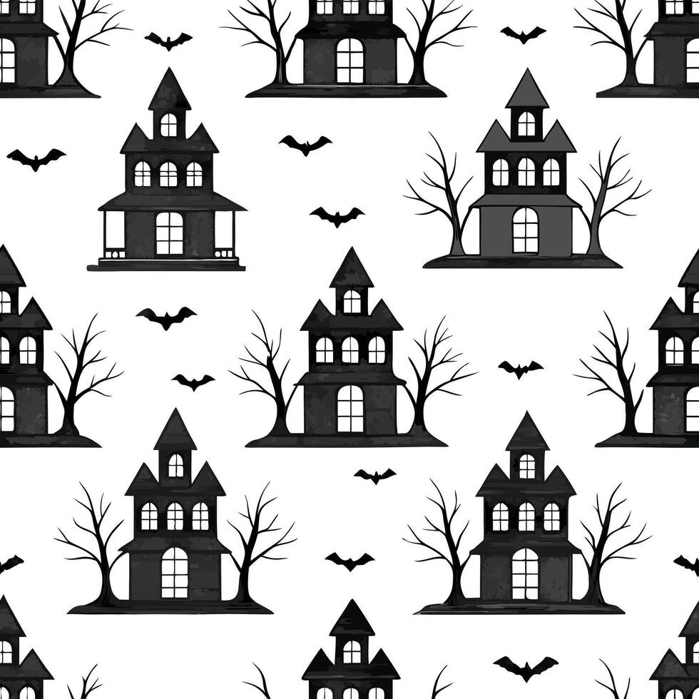 Haunted houses seamless tile pattern with eerie mansions and spooky windows for haunted home decor concept as Eerie haunted mansions and spooky windows arranged seamlessly for haun Clean Pro vector