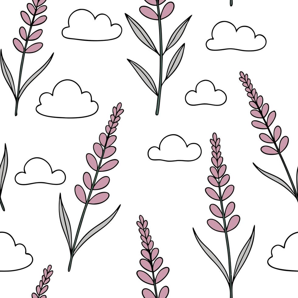 Heather and clouds seamless pattern airy isolated white background perfect for light textiles branding packaging concept as Airy heather and clouds seamless pattern on a white back Clean Pro vector